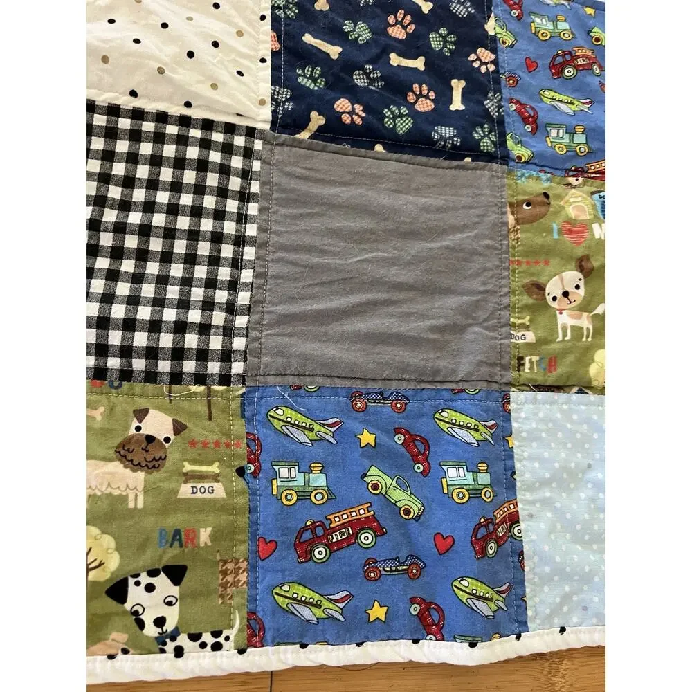 Handmade Unisex Cotton Quilted Blanket Blue Graham Dog Robots Cars Very Soft Kid
